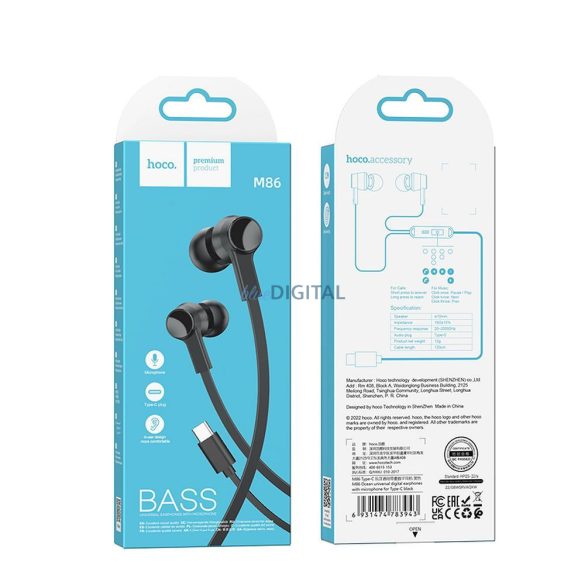 Căști cu fir Hoco M86 cu microfon și conector Type-C - negru