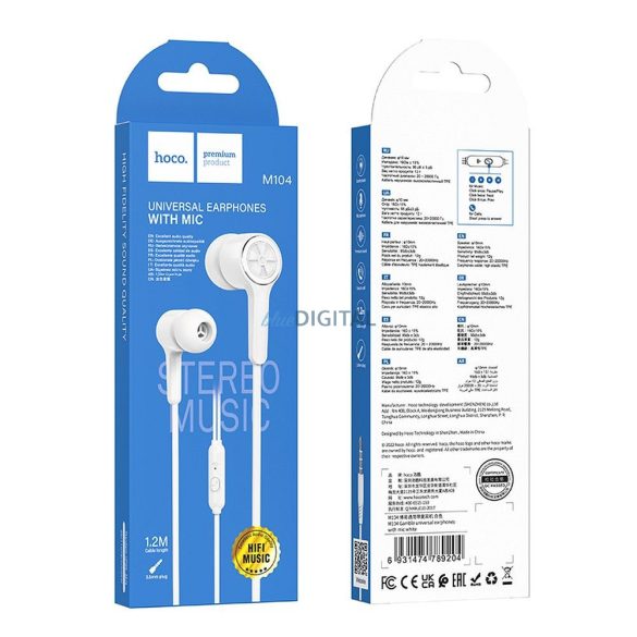 Căști cu fir Hoco M104 cu mufă de 3,5 mm și microfon - alb