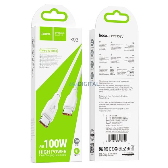 Hoco X93 Tip-C - Cablu Tip-C 100W 3A 200cm - alb