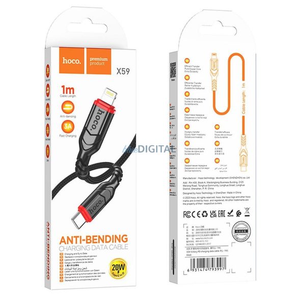 Cablu HOCO tip C la iPhone Lightning 8-pini PD 20W VICTORY X59 1m negru