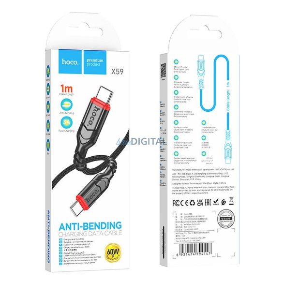 Cablu HOCO Tip C la Tip C PD 60W VICTORY X59 1m negru