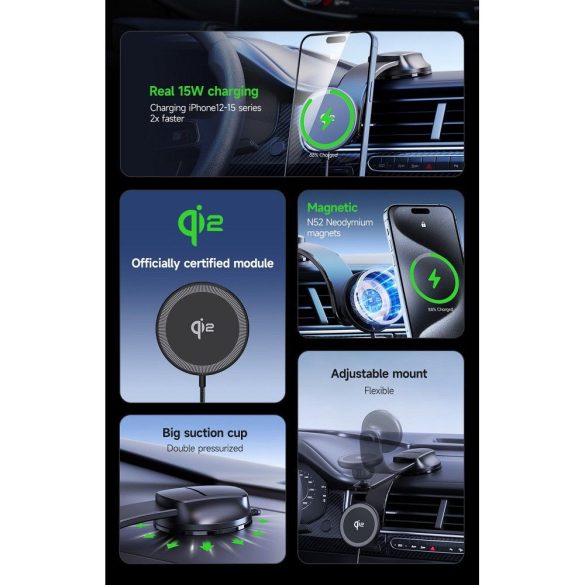 DUZZONA V4 - Suport auto pentru bord cu încărcător wireless magnetic 15W (compatibil cu MagSafe și încărcare Qi2)