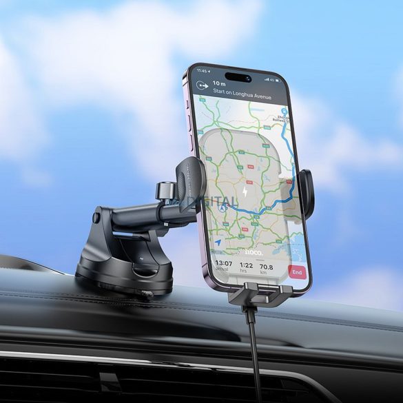 Suport auto HOCO pe consola centrală / geam cu fir de încărcare 15W Journey HW5 negru