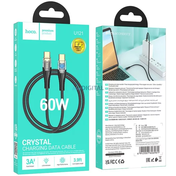 HOCO Cablu tip C la tip C 3A 60W U121 1,2 m negru