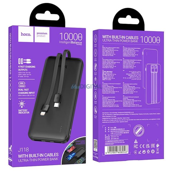 Power Bank HOCO - 10 000mAh cu cabluri Tip C + Lightning 8-pini J118 negru