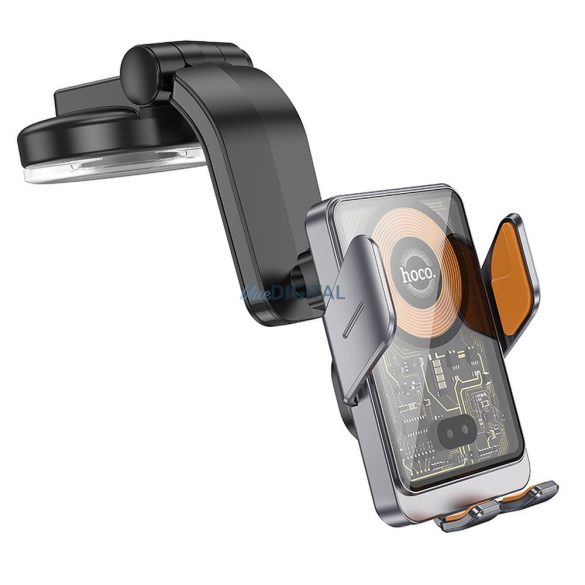 Suport telefon auto HOCO pe consola centrală cu fir de încărcare 15W Transparent HW8 negru