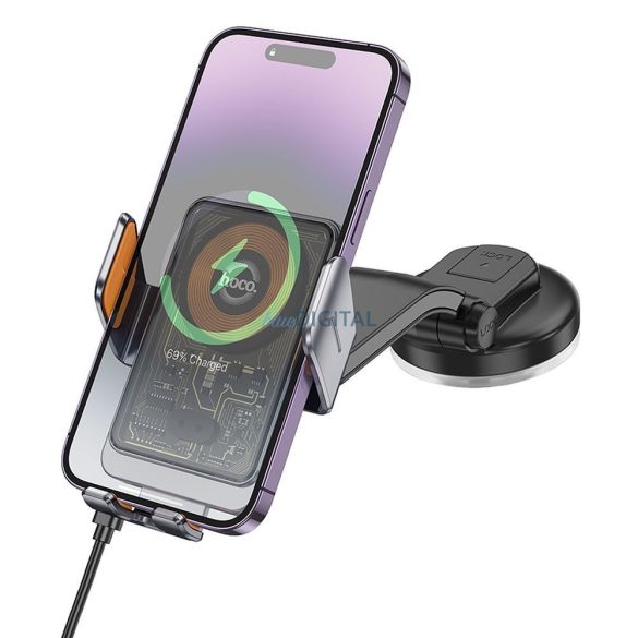 Suport telefon auto HOCO pe consola centrală cu fir de încărcare 15W Transparent HW8 negru