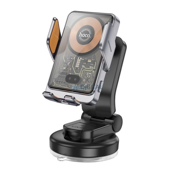 Suport telefon auto HOCO pe consola centrală cu fir de încărcare 15W Transparent HW8 negru