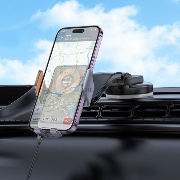 Suport telefon auto HOCO pe consola centrală cu fir de încărcare 15W Transparent HW8 negru