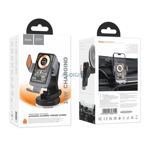 Suport telefon auto HOCO pe consola centrală cu fir de încărcare 15W Transparent HW8 negru
