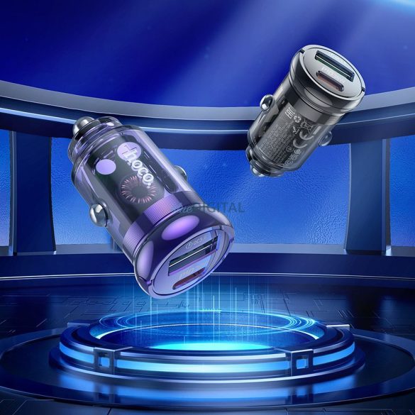 Încărcător auto HOCO USB QC3.0 + Tip C + cablu tip C la Apple Lightning 8-pini PD 30W Z53A violet