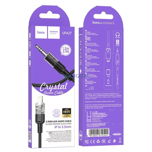 HOCO cablu AUX Audio Jack 3,5mm și Lightninng 8-pin UPA27 1,2m negru