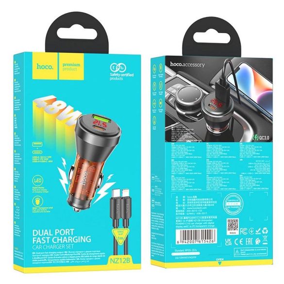 Incarcator auto HOCO USB QC 18W + Tip C 30W cu display digital + cablu Tip C pentru Iphone PD48W NZ12B portocaliu transparent