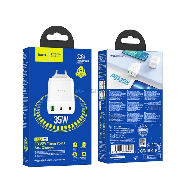 Incarcator HOCO 2 x Tip C + USB A QC PD 35W N33 alb