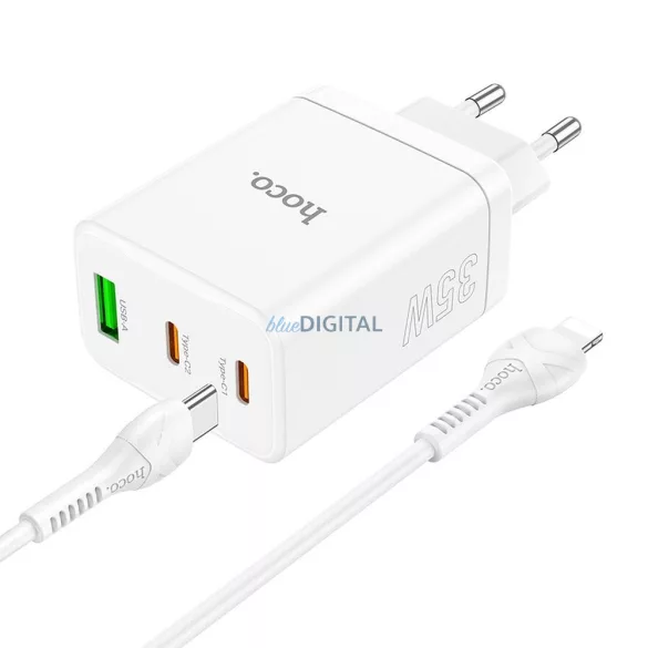 Incarcator HOCO 2 x tip C + USB A + cablu tip C la Lightning QC PD 35W N33 alb