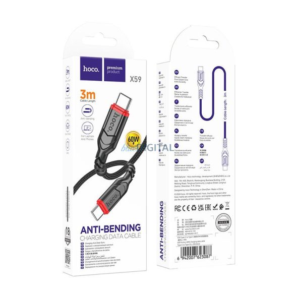 Hoco X59 Tip-C - Cablu Tip-C 60W 3A 300cm - negru