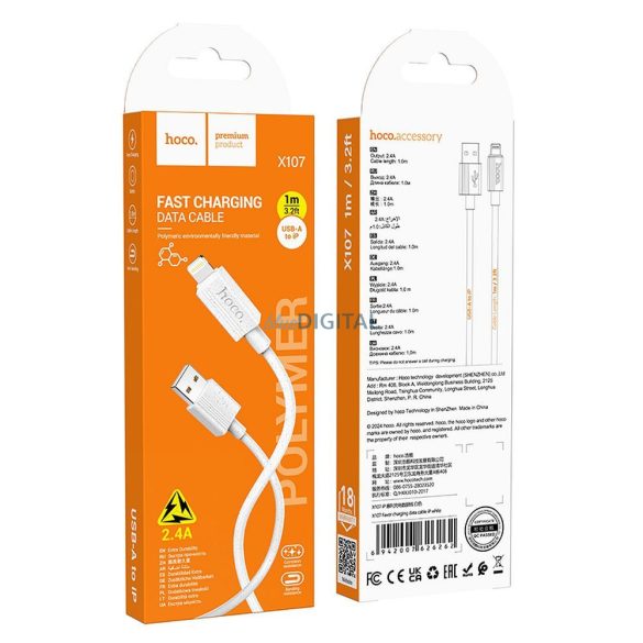 Hoco X107 Cablu USB-A - Lightning 2.4A 1m - alb
