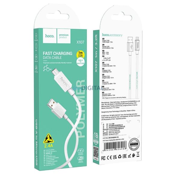 Hoco X107 USB-A - cablu micro USB 2.4A 1m - alb