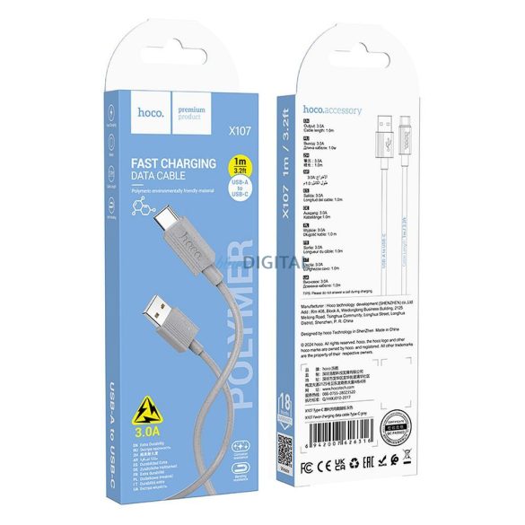 Hoco X107 Cablu USB-A - Type-C 3A 1m - gri