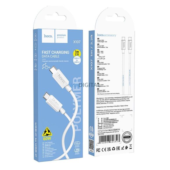 Hoco X107 Type-C - Cablu Type-C 3A 60W 1m - alb