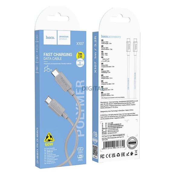Hoco X107 Type-C - Cablu Type-C 3A 60W 1m - gri