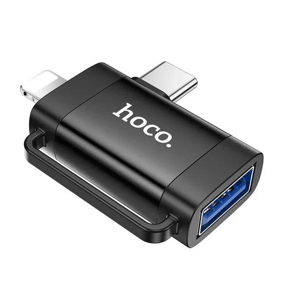 Adaptor HOCO OTG 2in1 Tip C (mascul) / Lightning (mascul) la USB A (fema) UA31F negru