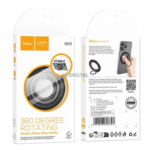 Suport magnetic pentru inelul telefonului mobil HOCO GH3 negru