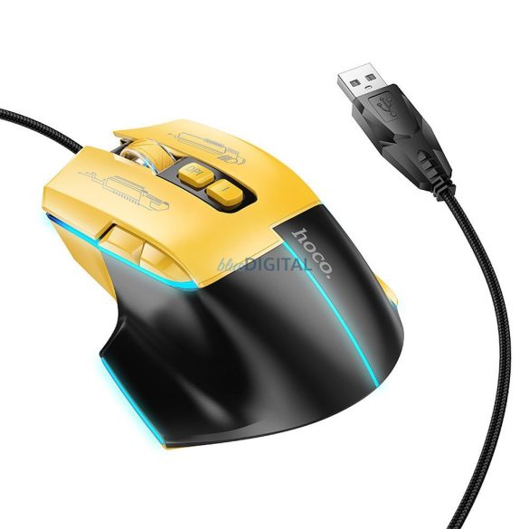 HOCO gaming wire USB A mouse pentru calculator 3600DPI negru galben