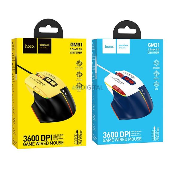 HOCO gaming wire USB A mouse pentru calculator 3600DPI negru galben