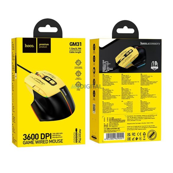 HOCO gaming wire USB A mouse pentru calculator 3600DPI negru galben