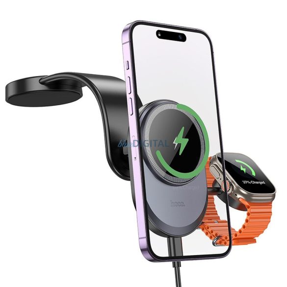 Hoco HW28 Suport auto și încărcător wireless pentru telefon și Apple Watch 15W - negru-gri