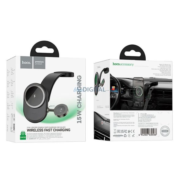 Hoco HW28 Suport auto și încărcător wireless pentru telefon și Apple Watch 15W - negru-gri