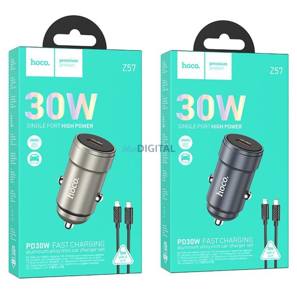 Hoco Z57 încărcător auto cu 1xUSB-C conexiune + cablu Type-C - Lightning 30W QC PD - gri metalic