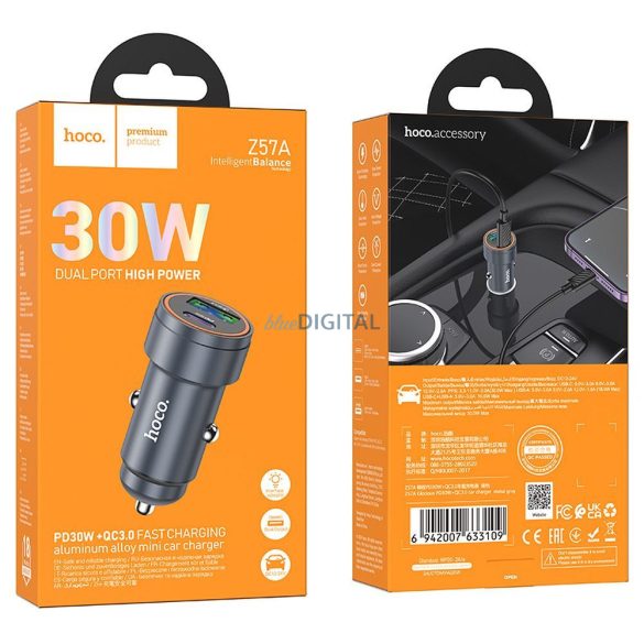 HOCO încărcător auto USB-A + C tip PD QC3.0 3A 30W Z57A gri metalic