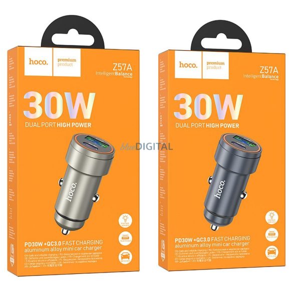 HOCO încărcător auto USB-A + C tip PD QC3.0 3A 30W Z57A gri metalic