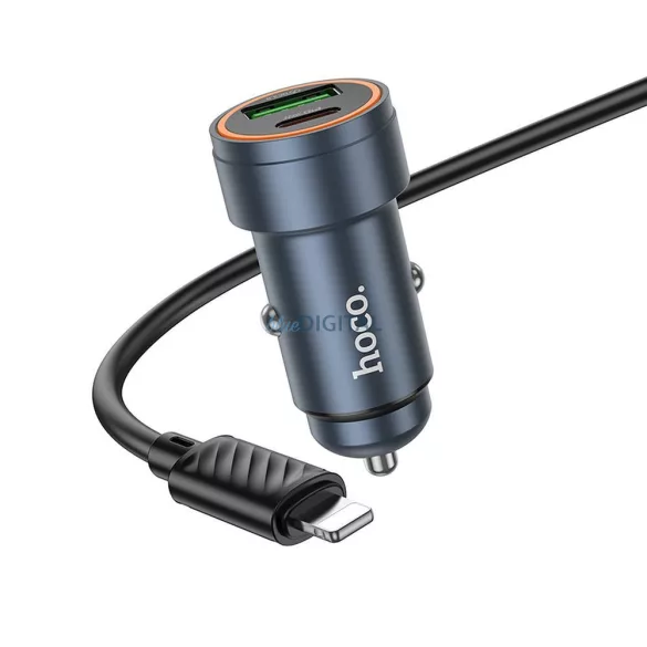 Încărcător auto Hoco USB-A + USB-C QC3.0 PD 30W + cablu USB-C - Lightning Z57A negru
