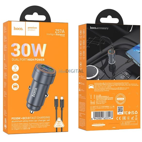 Încărcător auto Hoco USB-A + USB-C QC3.0 PD 30W + cablu USB-C la USB-C Z57A negru