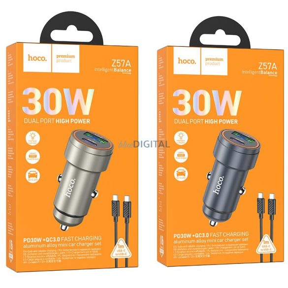 Încărcător auto Hoco USB-A + USB-C QC3.0 PD 30W + cablu USB-C la USB-C Z57A negru