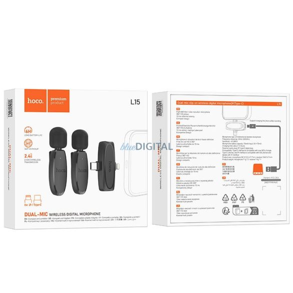 HOCO 2 x microfon lavalier fără fir Lightning / Tip C L15 negru