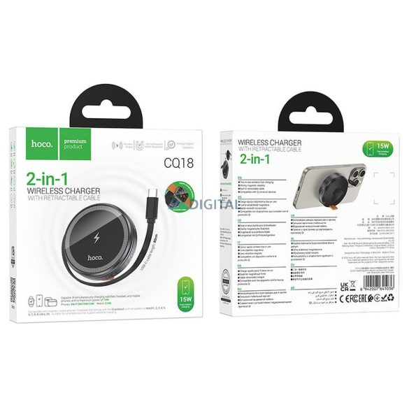 HOCO Încărcător wireless cu cablu retractabil tip C compatibil cu MagSafe și APPLE Watch 15W CQ18 gri metalic