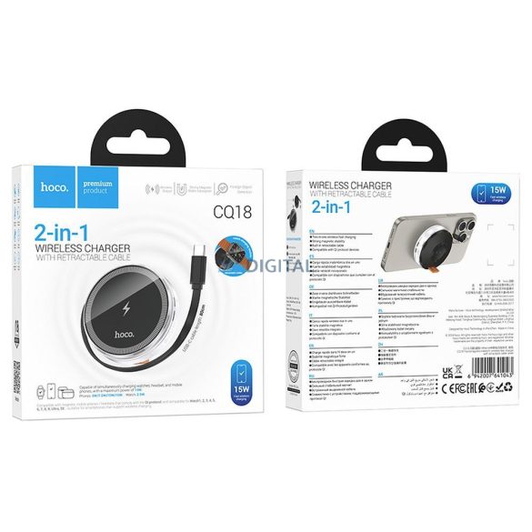 HOCO Încărcător wireless cu cablu retractabil tip C compatibil cu MagSafe și APPLE Watch 15W CQ18 argintiu