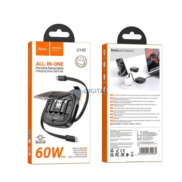 Hoco U140 Type-C - Cablu fulger/micro USB/Type-C 60W 3A PD 0.95m - negru