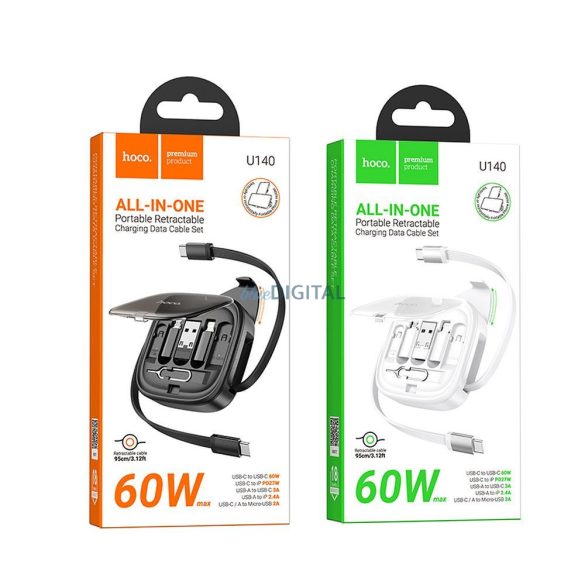 Hoco U140 Type-C - Cablu fulger/micro USB/Type-C 60W 3A PD 0.95m - negru