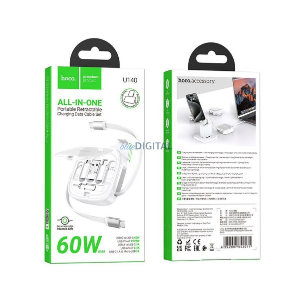 Hoco U140 Type-C - Cablu fulger/micro USB/Type-C 60W 3A PD 0.95m - alb