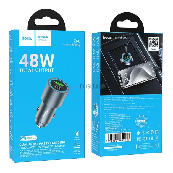 HOCO încărcător auto USB-A+C tip PD QC3.0 48W Z60 negru