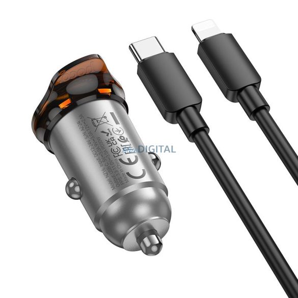 HOCO Încărcător auto tip C + cablu Tip C Lightning PD QC 30W NZ16 gri metalic