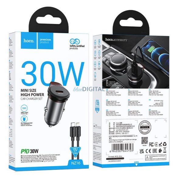 HOCO Încărcător auto tip C + cablu Tip C Lightning PD QC 30W NZ16 gri metalic