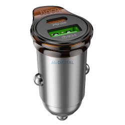   Hoco NZ16A încărcător auto cu 1xUSB-A și 1xUSB-C conexiune 43W QC3.0 - gri metalic