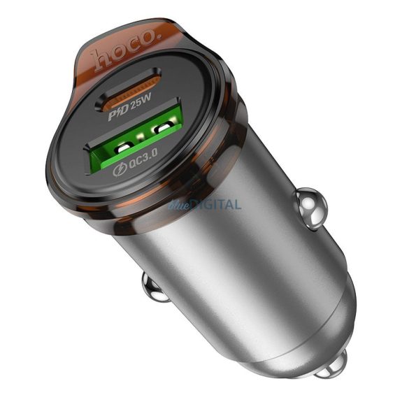 Hoco NZ16A încărcător auto cu 1xUSB-A și 1xUSB-C conexiune 43W QC3.0 - gri metalic