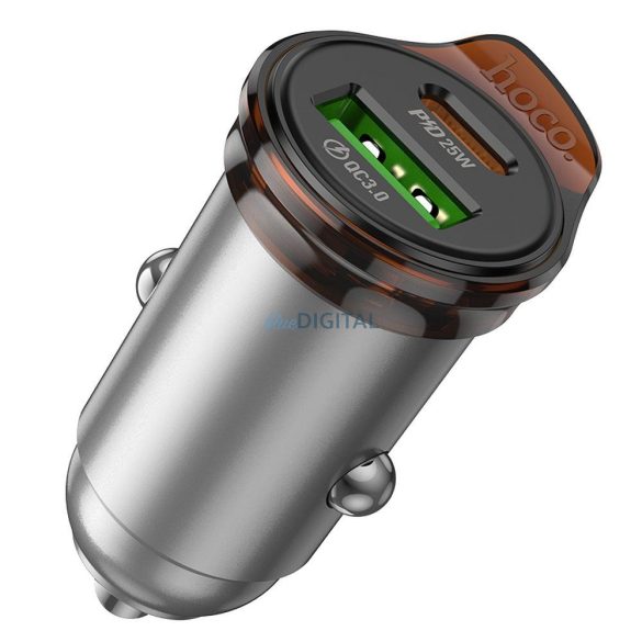 Hoco NZ16A încărcător auto cu conexiune 1xUSB-A și 1xUSB-C + cablu Type-C - Lightning 43W QC3.0 - gri metalic